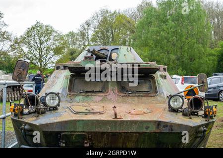 Front shot of lights and protective driver's window of a Polish military transport vehicle Stock Photo