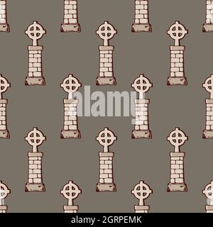 Seamless pattern with tombstones with crosses. Hand drawn doodle cartoon elements of Halloween celebration. Vector colorful illustration. Stock Vector