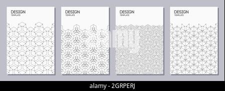 Set of flyers, posters, banners, placards, brochure design templates A6 size with hexagonal ornaments, triangles, dots. Graphic design for greeting. Stock Vector