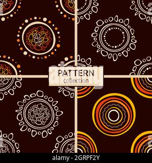 Set of four australian aboriginal seamless patterns with circles, crooked stripes, dots, isolated on brown background. Endless stylish textures. Stock Vector