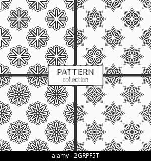 Set of four seamless stars, snowflakes patterns. Repeating geometric shapes. Vector monochrome backgrounds. Stock Vector