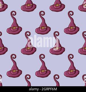 Witch hats color seamless pattern. Hand drawn doodle cartoon elements of Halloween celebration.  Vector colorful illustration. Stock Vector