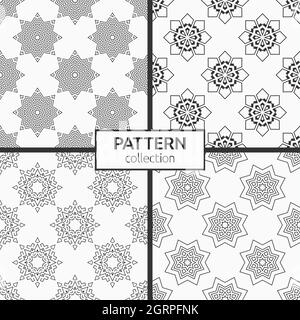 Set of Christmas seamless snowflakes patterns. Repeating geometric shapes. New Year card illustrations. Holiday design. Winter. Vector monochrome. Stock Vector