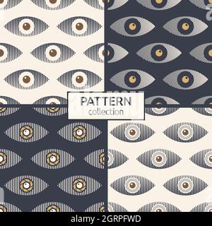 Set of four abstract seamless eyes patterns. Stylized eye shapes. Striped eyes. Vector color illustrations. Stock Vector