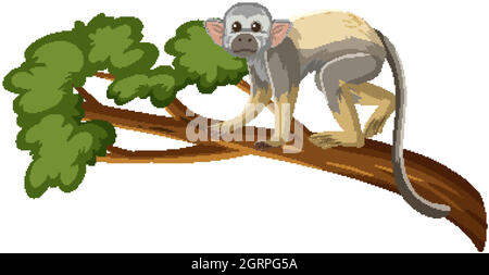 Squirrel monkey cartoon character on a branch isolated on white background Stock Vector