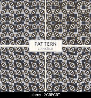 Set of four abstract seamless patterns. Seamless braided linear patterns, wavy lines. Endless striped textures with winding elements. Vector geometric Stock Vector