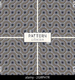 Set of four abstract seamless patterns. Seamless braided linear patterns, wavy lines. Endless striped textures with winding elements. Vector geometric Stock Vector