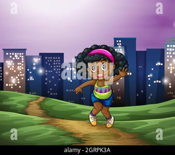 A young Black girl across the tall buildings in the city Stock Vector
