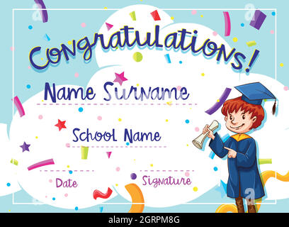 Certificate template with kid in graduation gown Stock Vector