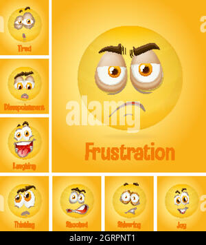 Set of different emotion yellow faces with tired text on yellow background Stock Vector