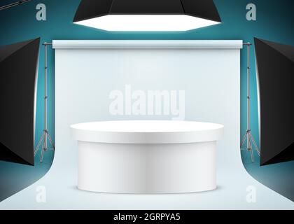 Professional product photo shooting scene with white oval table, backdrop paper, and bright studio lights. Photo studio setup realistic vector illustration. Stock Vector