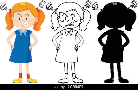 Angry girl with its outline and silhouette Stock Vector