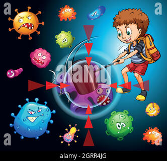 Boy fighting with bacteria Stock Vector