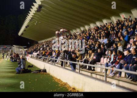 Cologne, Germany. 01st Oct, 2021. Mainstand filled with fans during the Flyerarlarm Frauen Bundesliga match between 1.FC Cologne and FC Bayern Munich at Franz-Kremer-Stadion in Cologne. Credit: SPP Sport Press Photo. /Alamy Live News Stock Photo