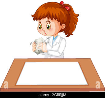 Cute girl wearing scientist uniform with blank paper on the table Stock Vector