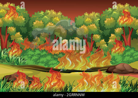 Dangerous forest fire background Stock Vector