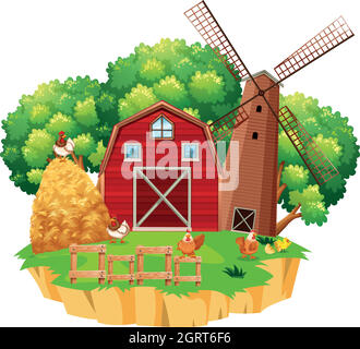 Farm scene with red barn and wooden windmill Stock Vector