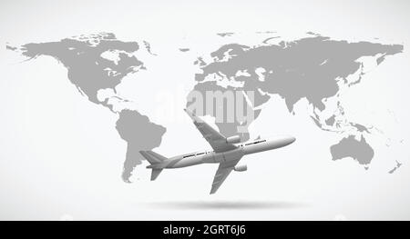Grayscale of world map and airplane Stock Vector