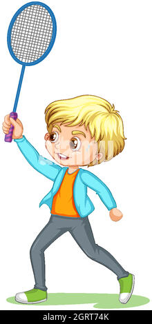 A boy cartoon character playing badminton Stock Vector