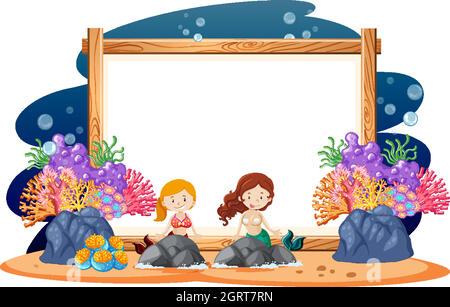 Border template design with mermaids swimming under the sea Stock Vector