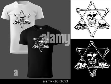 T-shirt with Skull and Pentagram of Bones Stock Vector