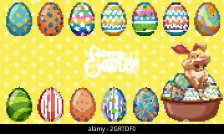 Poster design for easter with easter bunny and painted eggs in the basket Stock Vector