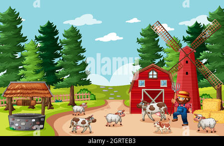 Cow with barn in cartoon style illustration Stock Vector Image & Art ...