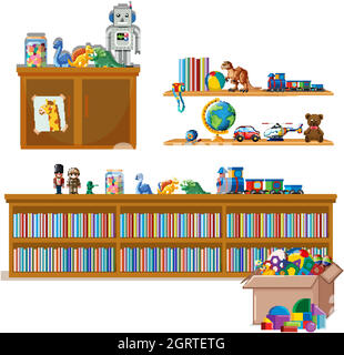 Shelf full of books and toys on white background Stock Vector