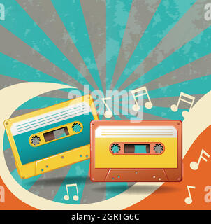 Two vintage tape cassettes and music notes Stock Vector