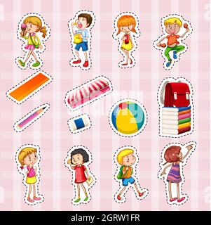 Sticker set of kids and school objects Stock Vector