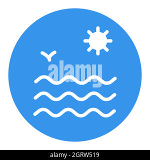 Sea waves and sun flat vector white glyph icon Stock Vector