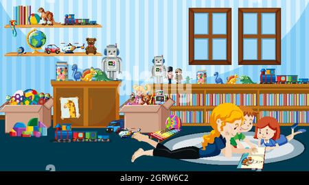 Scene with children reading story in the room Stock Vector