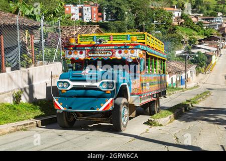 Angostura, Antioquia. Colombia - September 26, 2021. Chiva or ladder truck, traditional transport of Colombian peoples Stock Photo