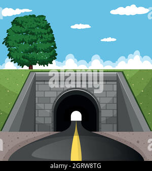Cartoon road going through tunnel in mountain. Vector illustration of ...