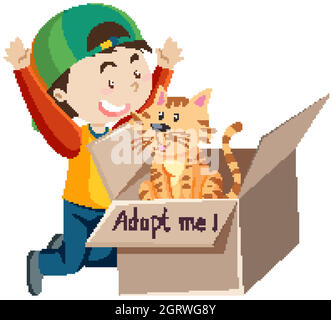 A happy boy wearing cap with cute cat in a box cartoon isolated Stock Vector