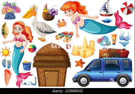 Set of mermaid and summer vacation icon cartoon character on white background Stock Vector