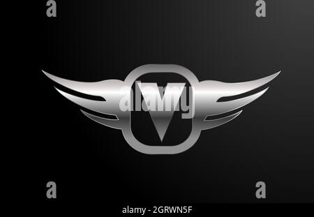 V letter logo alphabet for business and company with wings and silver color. Corporate lettering and brading with metal design icon Stock Vector