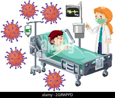 Poster design for coronavirus theme with sick boy in bed Stock Vector