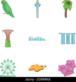 Singapore tourists attractions icons set Stock Vector