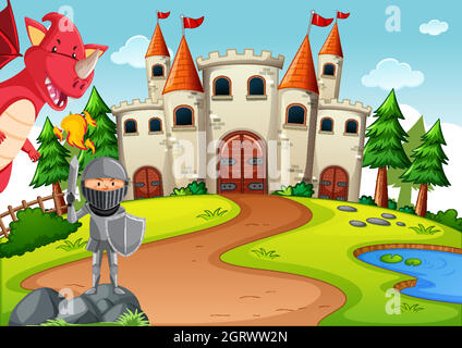 Knight with dragon in fairytale land scene Stock Vector