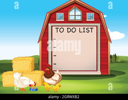 Border template design with chickens on the barn Stock Vector