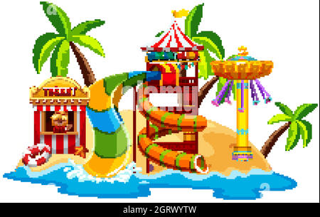 Scene with waterslide and swing by the beach Stock Vector