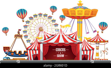 Circus event with tents, ferris wheel, rides games, ticket booth pirate ship isolated Stock Vector