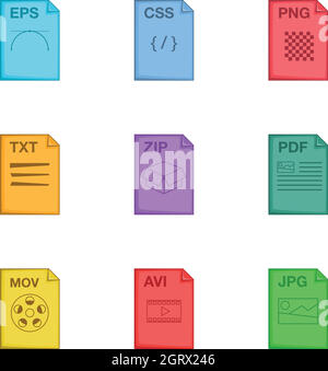 File extension icons set, cartoon style Stock Vector