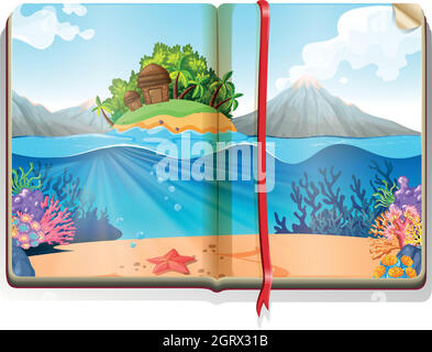 Scene with island in the ocean in the book Stock Vector