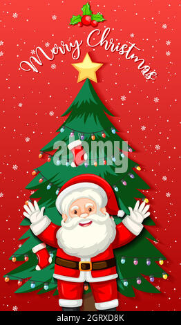 Cute Santa Claus cartoon character with christmas tree on red background