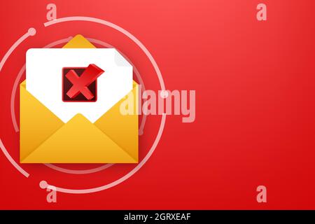 Opened envelope and document with red cross mark. Verification email. Vector stock illustration. Stock Vector