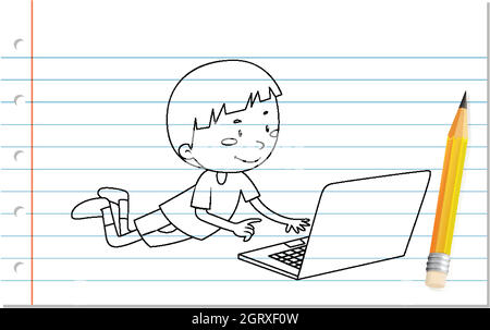 line art boy writing on paper with pencil illustration vector hand ...