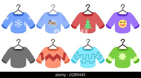 Sweater winter patterns cartoon design element set color, isolated vector, over white, cut out, horizontal Stock Vector