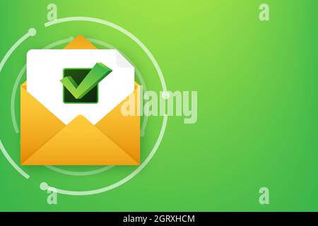Opened envelope and document with green check mark. Verification email. Vector illustration. Stock Vector
